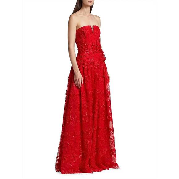 NEW MONIQUE LHUILLIER celia sequin floral strapless tie front tulle gown in roug - Picture 3 of 4